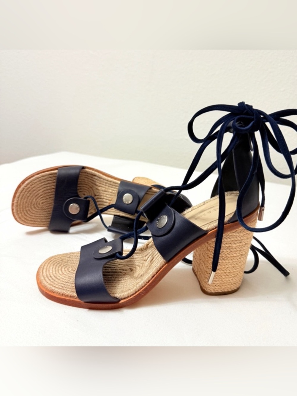 rag & bone Eden Navy Leather Ankle Wrap Espadrille Block Heel Sandals EU 39.5